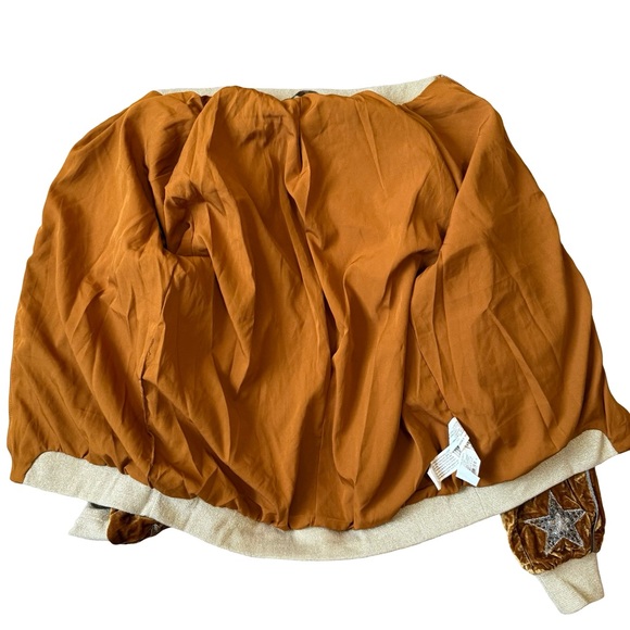 Zara Trafaluc Caramel gold Velvet Bomber Jacket Size S Festival Embroidered - Picture 9 of 16